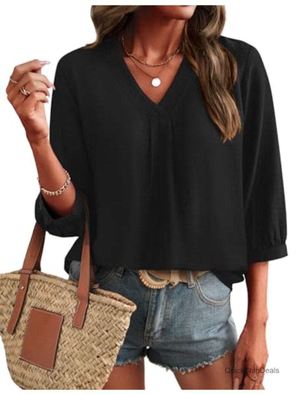 Womens 3/4 Sleeve V Neck Peasant Blouse Boho Casual Tunic Top